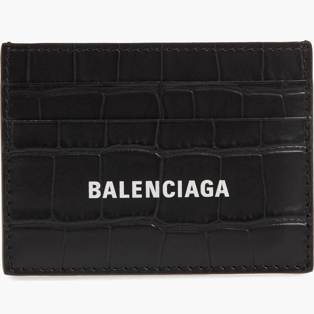 Balenciaga Logo Croc Embossed Leather Card Case Black